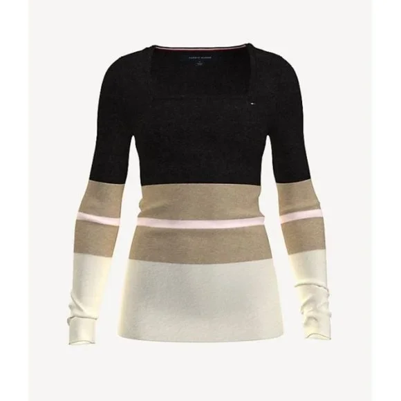 NWT Tommy Hilfiger Essential Stripe Square Neck Sweater In Black Size S - Picture 1 of 6